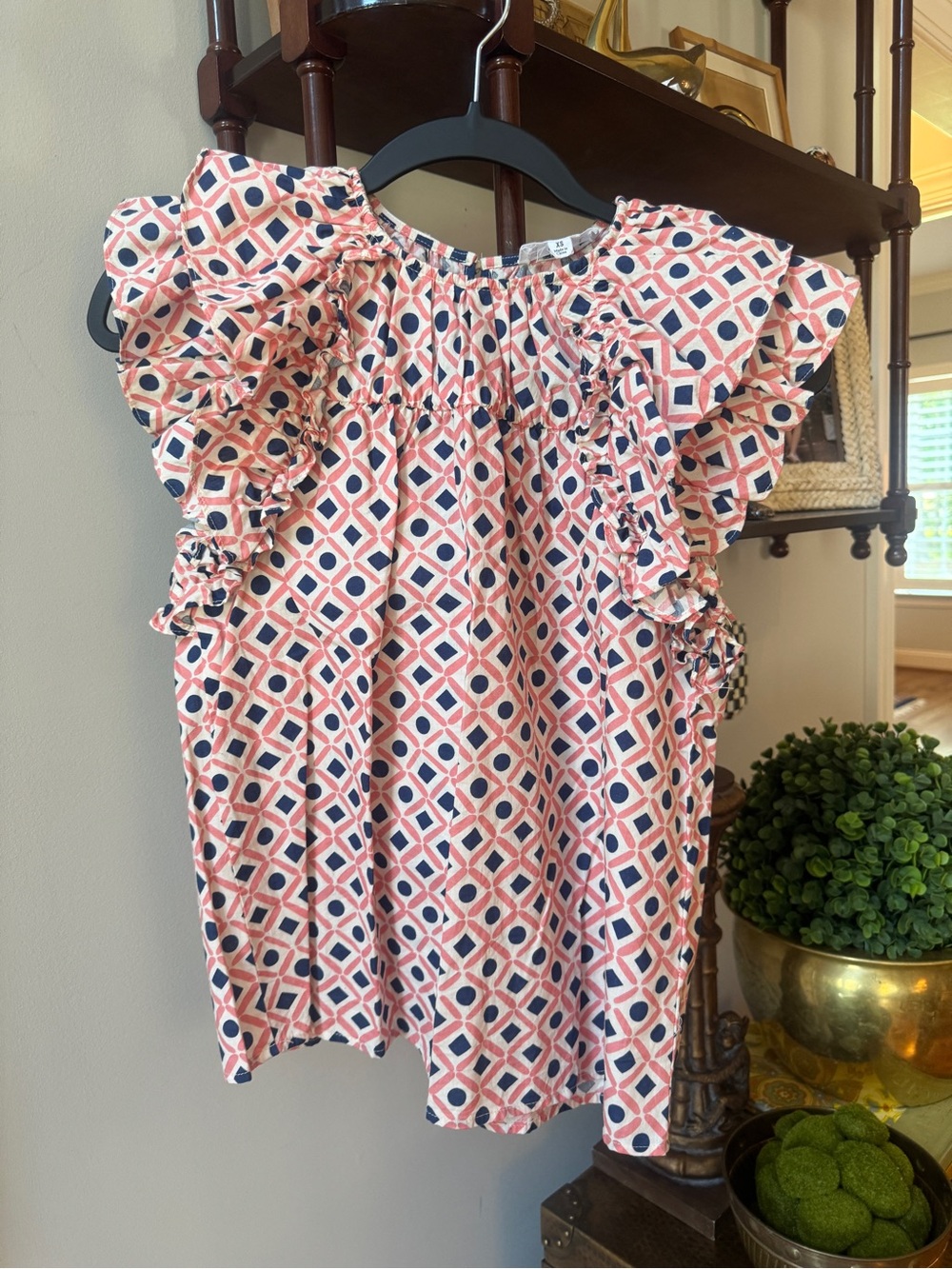 THML Geometric Print Ruffle Sleeve Blouse - Pink & Navy